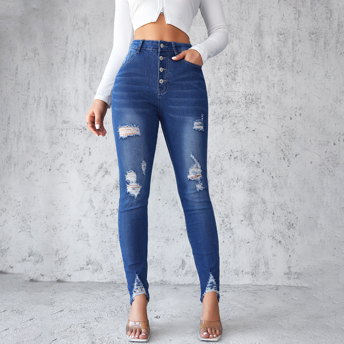 European and American cross-border high-waist tight jeans for women 2025 spring slim blue-breasted small-foot pants pencil pants