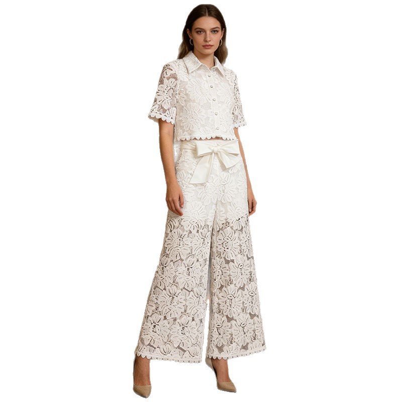 Elegant Retro Women's Two Piece Set Lapel Single Breasted Short Top High Waisted Bow Trousers Spring 2026 Collection_voghion.com
