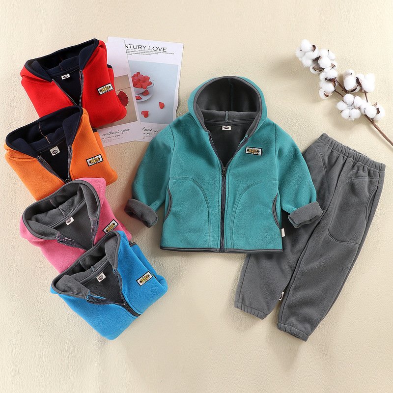 Children's Autumn and Winter Fleece Suit Big Boys and Girls Coat Pants Outer Wear Thickened Spring Hooded Two-piece Set