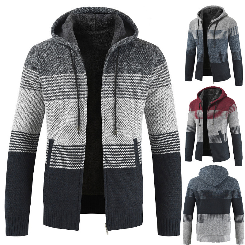 2023 Autumn New Men's Fleece-Lined Thick Hooded Color-Block Sweater Cardigan Jacket Trendy Men's Fashion One-Piece Dropshipping
