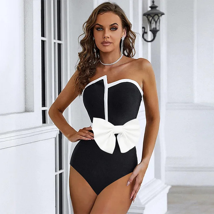 GraceChic Black White Color Block Bowknot Strapless High-End One-Piece Swimsuit Set For Women 2024 European And American Swimwear_voghion.com