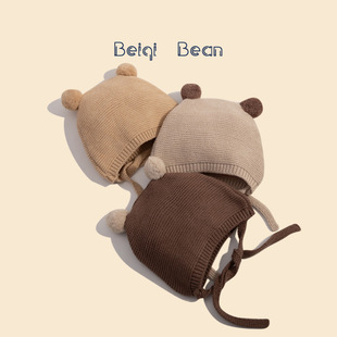 Infant Spring & Fall Knitted Lace-Up Knitted Pullover Hats for Men and Women, Super Cute and Cute Fur Ball Ear Protection Woolen Hats for Men and Women