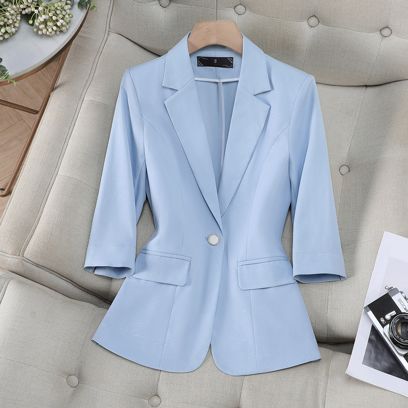 Summer Hot-Selling Light Blue Mid-Sleeve Blazer for Women, Professional Slim-Fit One-Button Suit for Commuting