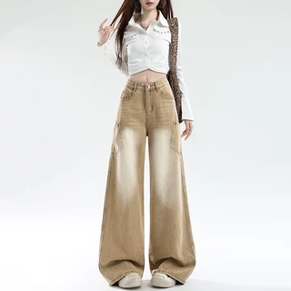 卡其色时尚设计感宽松阔腿牛仔裤女2026年秋季新款显瘦拖地直筒裤