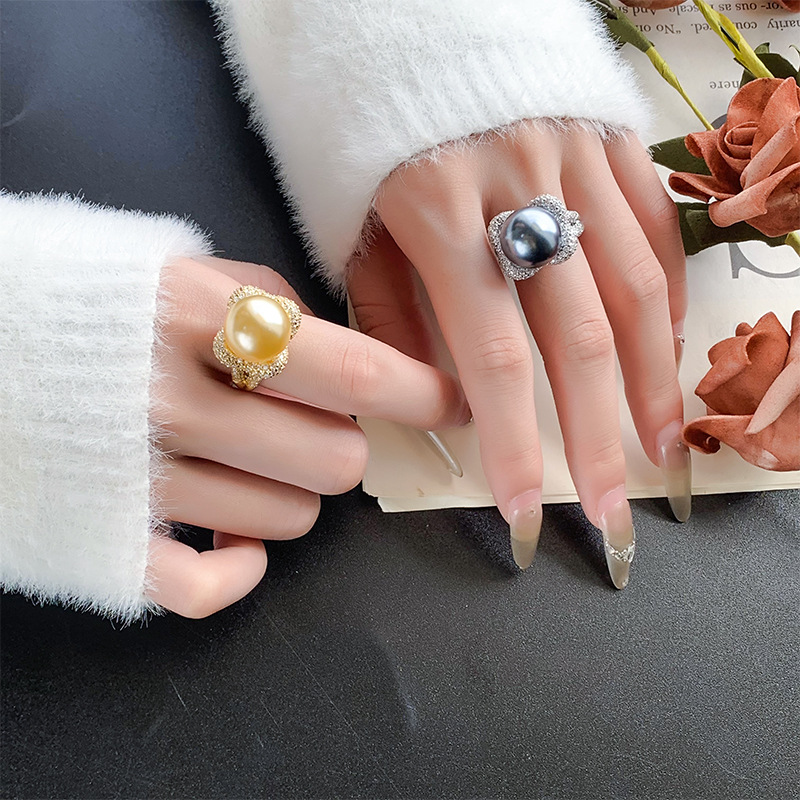 2024 nuevo estilo Zhuang Shengsheng joyería cobre chapado en platino perla anillo de textura de alta gama de nicho 14mm al por mayor