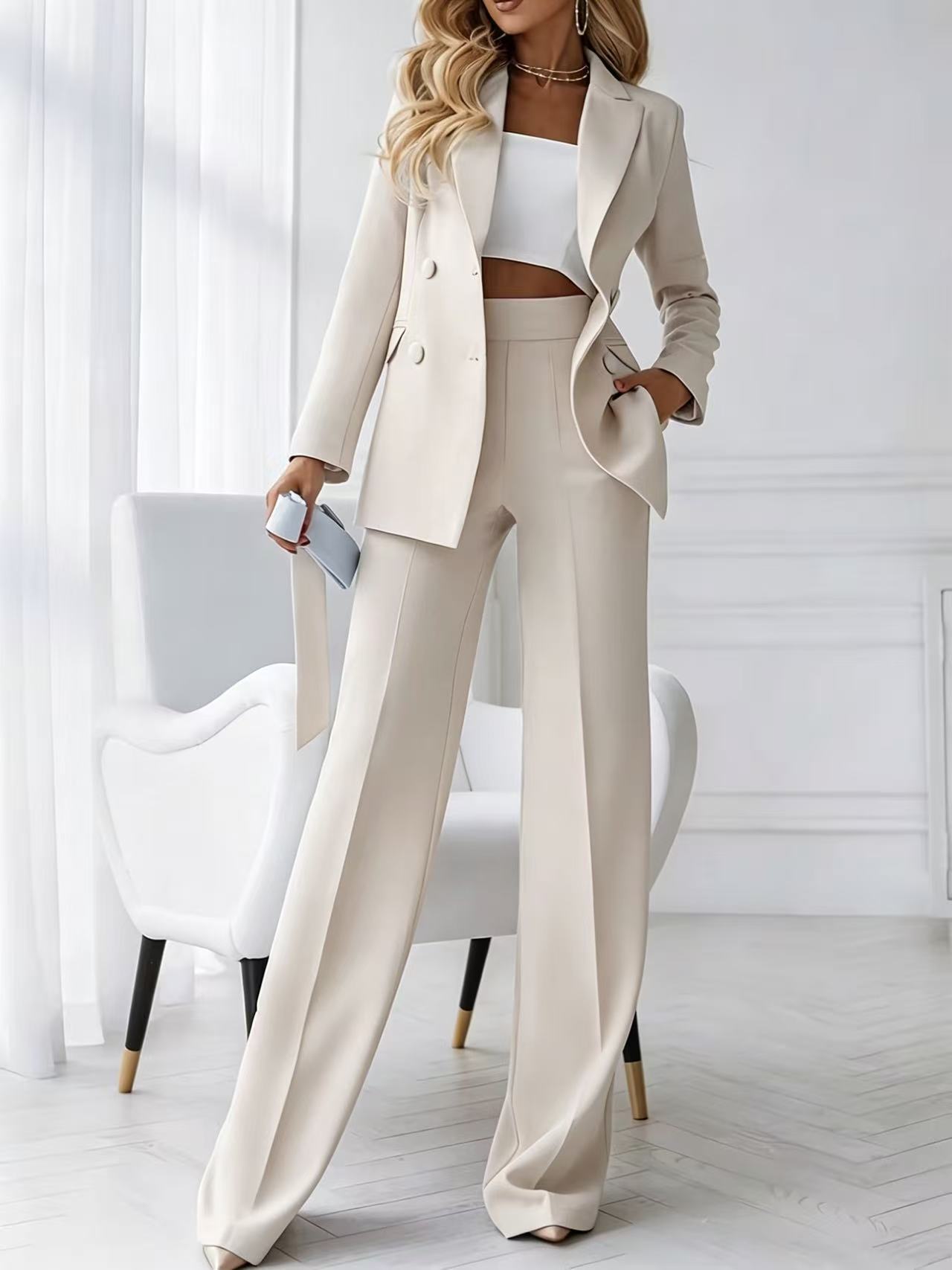 Women's Clothing Professional Elegant Two Piece Set Style High End Women's Suit Set Double Breasted Lapel High Waisted Wide Leg Trousers_ecoleips.com