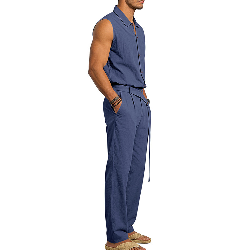 Men's Linen Blend Short Sleeve Shirt And Pants Set Breathable Casual Summer Outfit Comfortable Relaxed Fit_viptrois.com