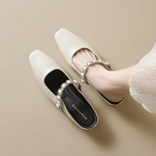Weiwei Girl 958-6 French Baotou Half Slippers Women's Summer Wear Rhinestone Lazy Slippers with Thick Heel