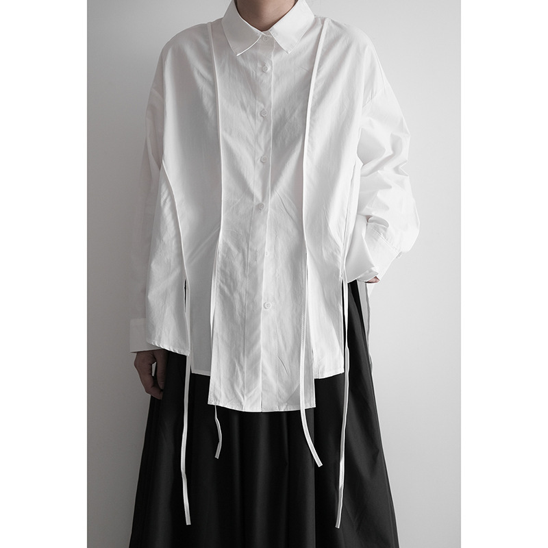 Deer product/Yamamoto dark style niche design irregular ribbon solid color long sleeve shirt for women Spring New