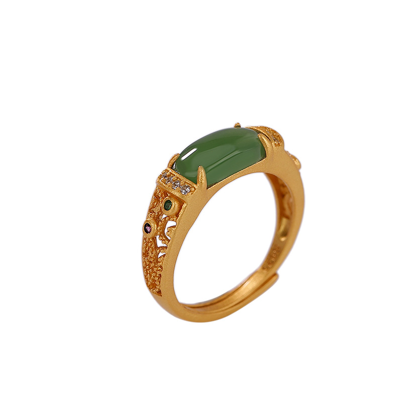 Nhẫn bạc S925 mạ vàng đính đá Hetian jasper rỗng cá tính — Kiểu mạ bạch kim, Kiểu mạ vàng