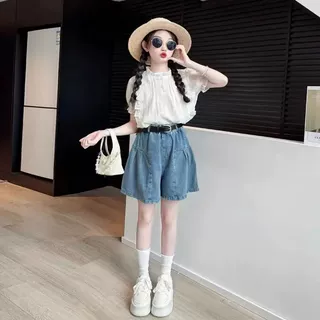 女童夏装套装26新款韩系洋气娃娃衫短袖上衣中大童牛仔五分短裤子