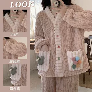 2026新款睡衣女款秋冬季保暖加厚加绒家居服彩虹珊瑚绒睡衣套装女