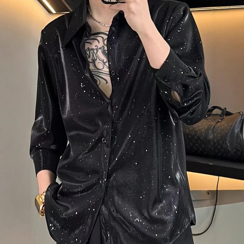 Men's Spring and Autumn New Trendy Brand Personality Starry Sequin Design Shirt Loose Casual Versatile Fashion Top