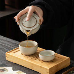 米黄汝窯快客杯一瓶一杯一杯一人専用手でティーポットをつかむティーカップ携帯旅行茶器