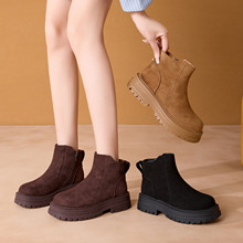 磨砂牛皮厚底短靴2024冬季新款复古加绒保暖侧拉链百搭女靴722