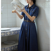 酵素水洗全棉牛仔连衣裙女2025夏季法式复古高腰中长款裙子