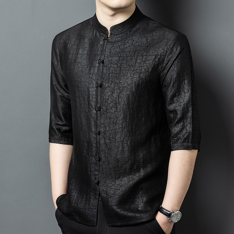 Men's Xiangyunsha Turtle Crack Stand Collar Suit Summer Thin Silk Three-Quarter Sleeve Retro Button Casual Top for Men