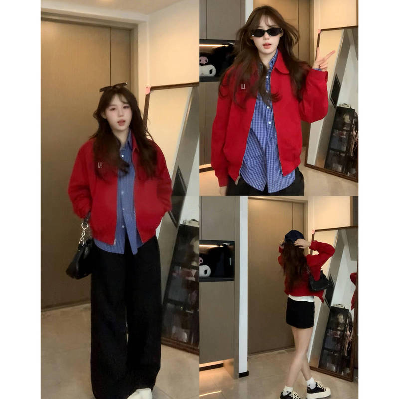 红色夹克外套女2025新款秋季哈灵顿正肩短棒球服韩系早秋穿搭上衣|undefined