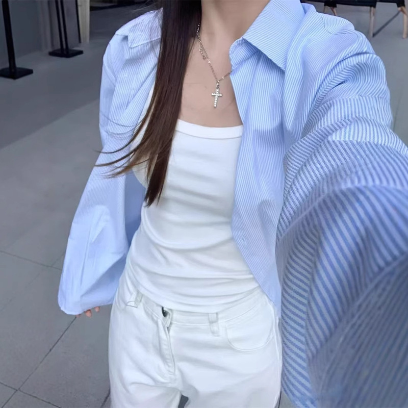 Spring and Autumn Blue Striped Women's Shirt Jacket Top Women's Korean Style Loose Slimming Casual Stacked Shirt Long Sleeve Spring and Autumn Blue Striped Women's Shirt Jacket Top Women's Korean Style Loose Slimming Casual Stacked Shirt Long Sleeve