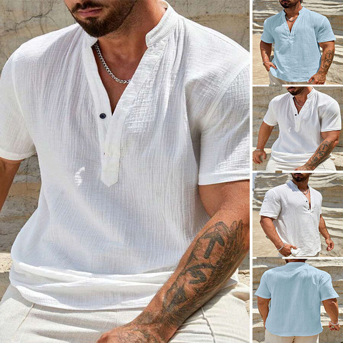 Men's European and American Cross-border Single-layer Plain Color Breathable Stand Collar Short-sleeve Shirt 2025 Fashion Simple Plain Collared Shirt