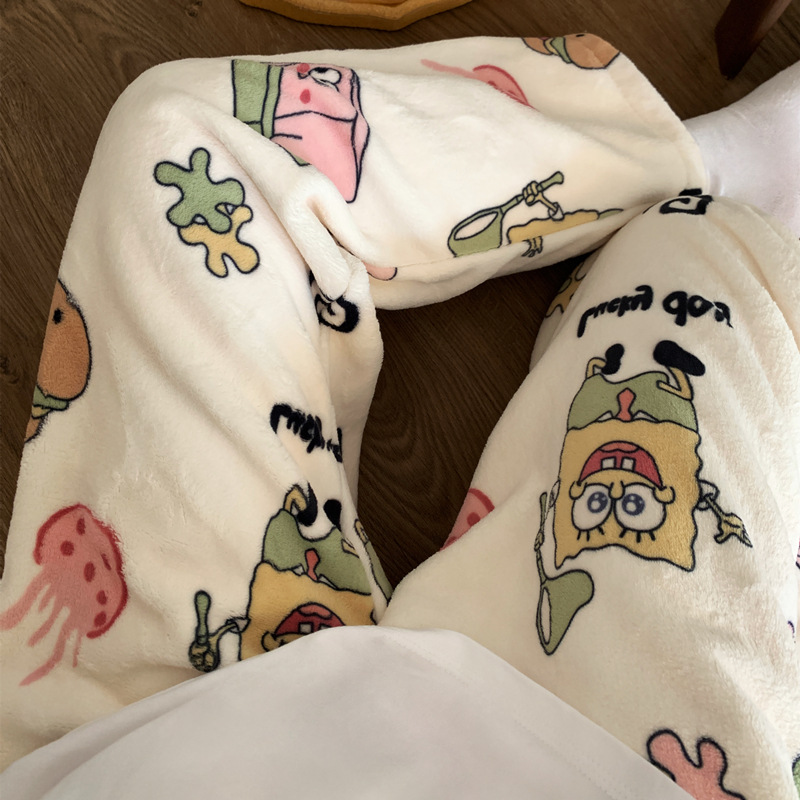 Invierno nuevo pijama de franela de dama dulce lindo y espeso de peluche dibujos animados Baby Esponja pantalones caseros para usar