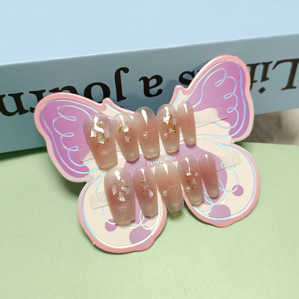 10 piezas de uñas con incrustaciones de perlas y diamantes, lámina de oro, parche de uñas de ojo de gato sonriente para niños de 12 a 18 años