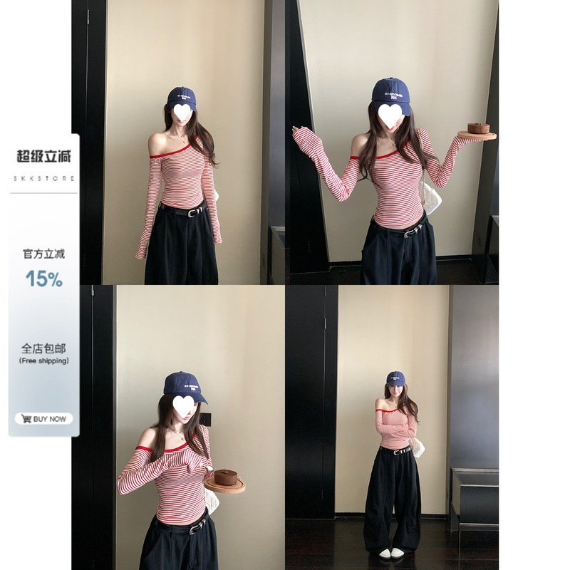 Skk Store 淡颜女友 面膜级清凉透气条纹斜肩长袖T恤打底衫女|undefined
