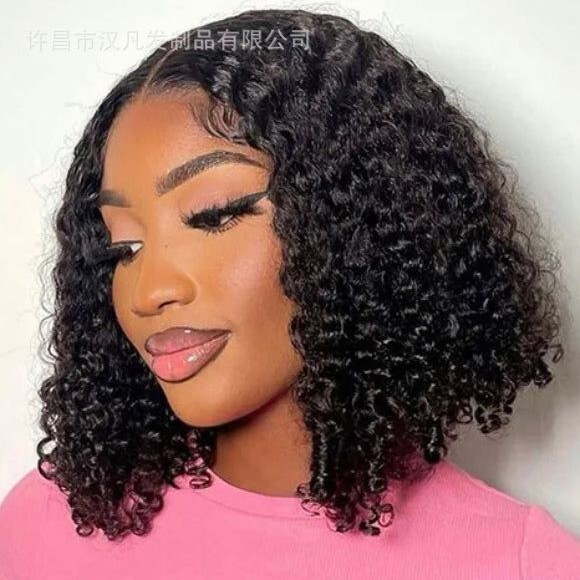 4*4 Bob Jerry Curl # 1B Human Hair European and American Cross-Border Humanhair Glue-Free Full Head Wig