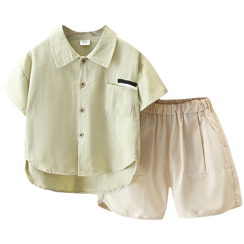 7155 Traje de algodón y lino para niños 2025 verano nuevo estilo camisa de manga corta para niños bebé verano transpirable traje de dos piezas de moda