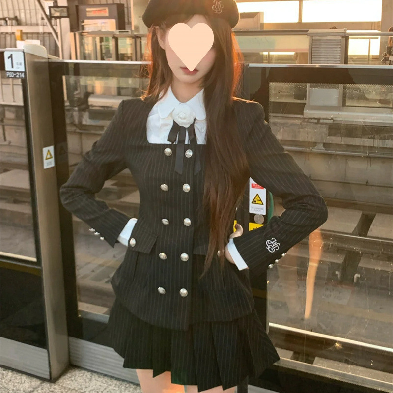 复古非正式休闲收腰显瘦西服套装秋季新款富家千金风百褶裙两件套|undefined