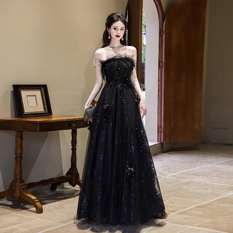 Black Strapless Evening Dress Female French Host Light Luxury Niche High-end Birthday Banquet Adult Dress High-end Sense