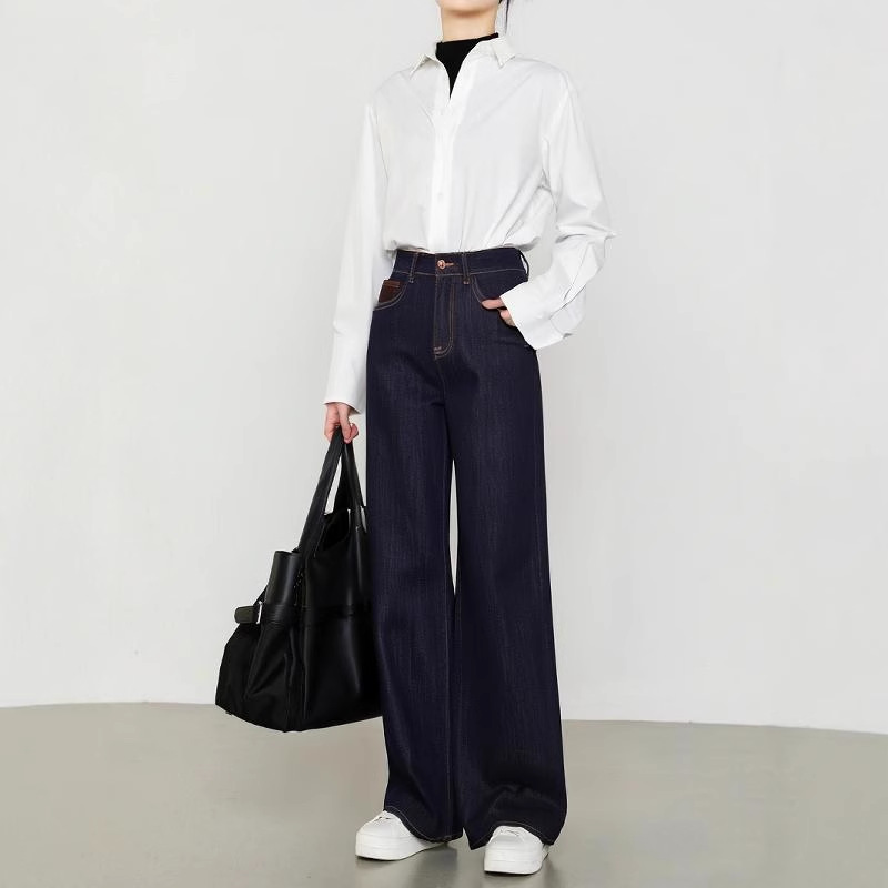 Four-Way Stretch Denim Blue High-Waisted Wide-Leg Jeans for Women, Drapey, Elastic, Versatile, Slimming, Loose, Floor-Length Straight Pants