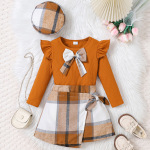 Younggirl女童2025新款秋冬季花边蝴蝶结长袖T恤格子短裙搭配帽子