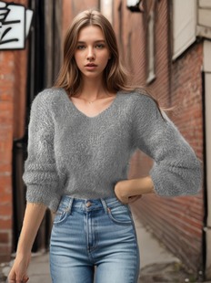 Cross-border Amazon sweater new loose autumn and winter European and American V-neck pullover solid color women's sweater imitation mink velvet thick