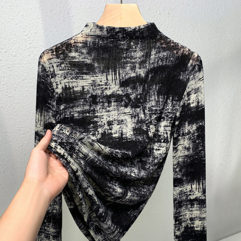Media altura cuello de manga larga camisa de tela de tela para mujeres 2024 nuevo otoño delgado camiseta de moda de reducción de edad extranjera chaqueta teñida
