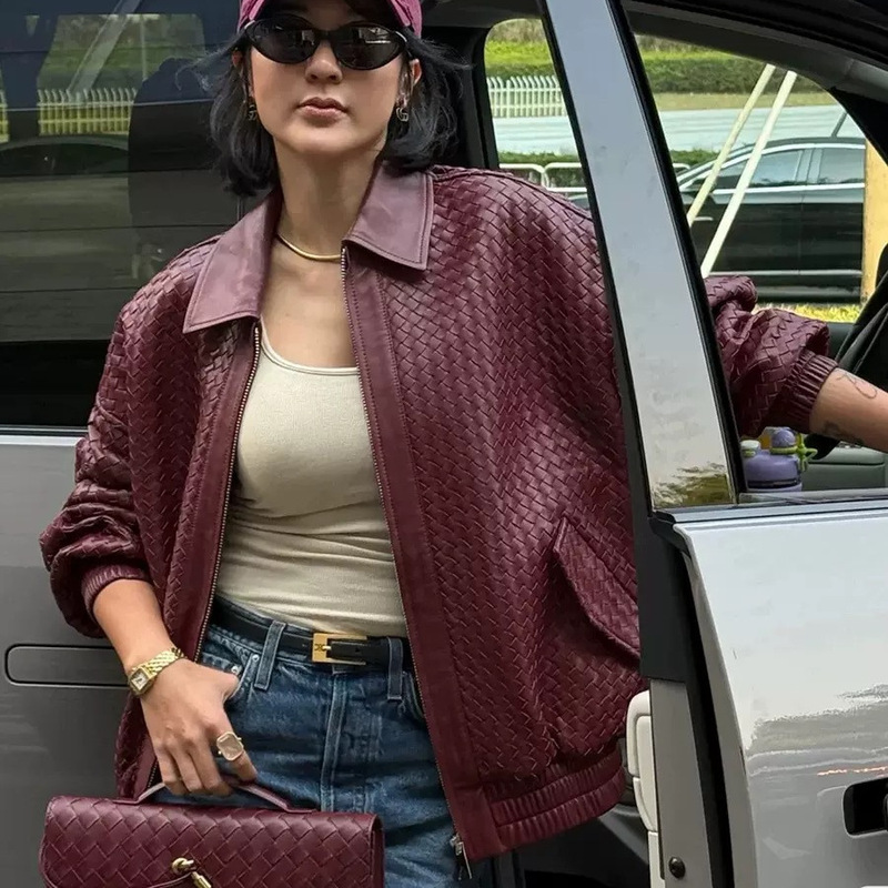 Old Money Style Genuine Leather Jacket Sheepskin Woven Lapel Zipper Street Retro Bomber Jacket Loose Jacket for Women