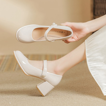 法式玛丽珍2023年夏季新款女浅口珍珠带粗跟小皮鞋厚底高跟鞋单鞋