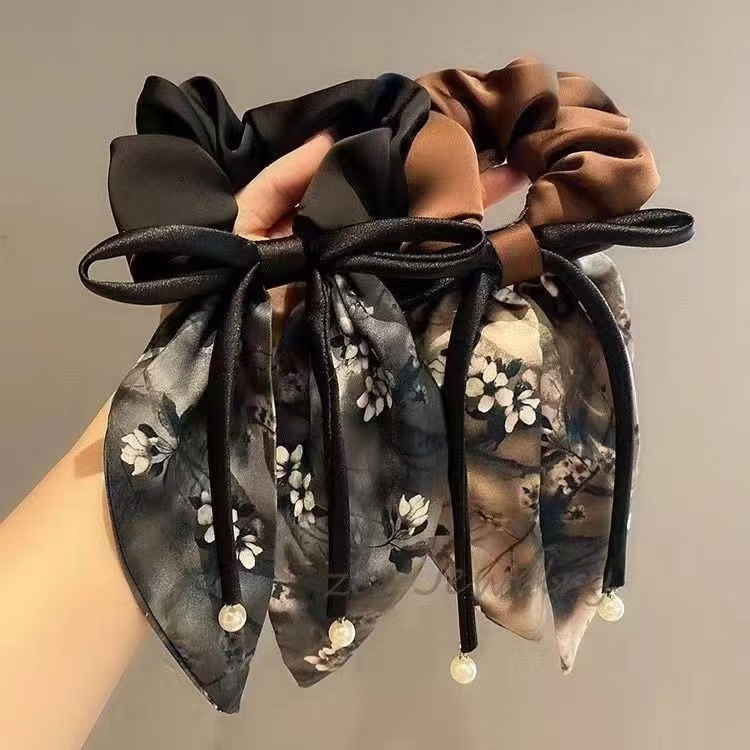 Nuevo lazo de raso estampado, coletero de encaje elegante estilo chino, cuerda para el pelo de cola de caballo al por mayor