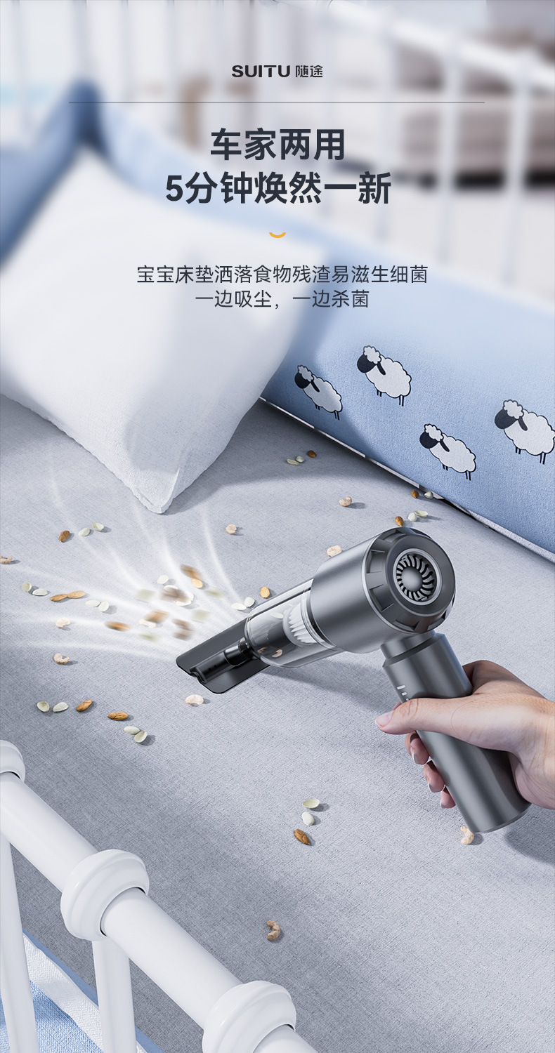 Car-mounted vacuum cleaner, brushless, three-speed adjustment, power display, handheld, dual-use for home and car, strong suction, wireless