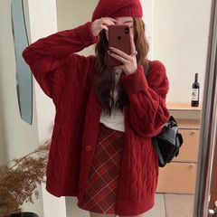 韩系麻花红色针织开衫女秋冬新款温柔宽松V领外穿慵懒风毛衣外套