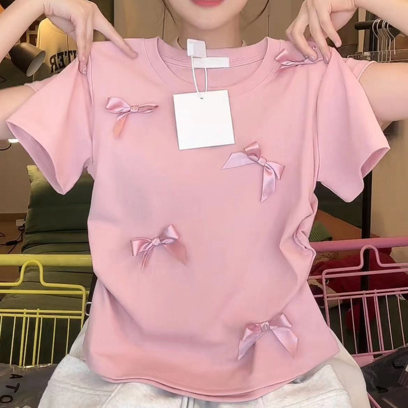 Japanese Style Sweet Bow Pink Short-sleeved T-shirt Sweet and Hot Summer New Style College Style Niche Slim-fit Short Top