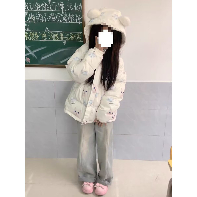 American Style Cute Full Print Cat Cotton Coat Cotton Coat Women's Winter Thickened oversize Small Hooded Top