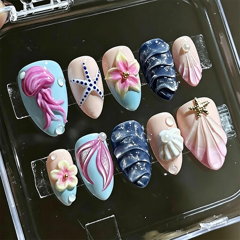 跨境爆款海洋风美甲穿戴甲甲片3d浮雕水母贝壳海星渐变杏仁甲批发