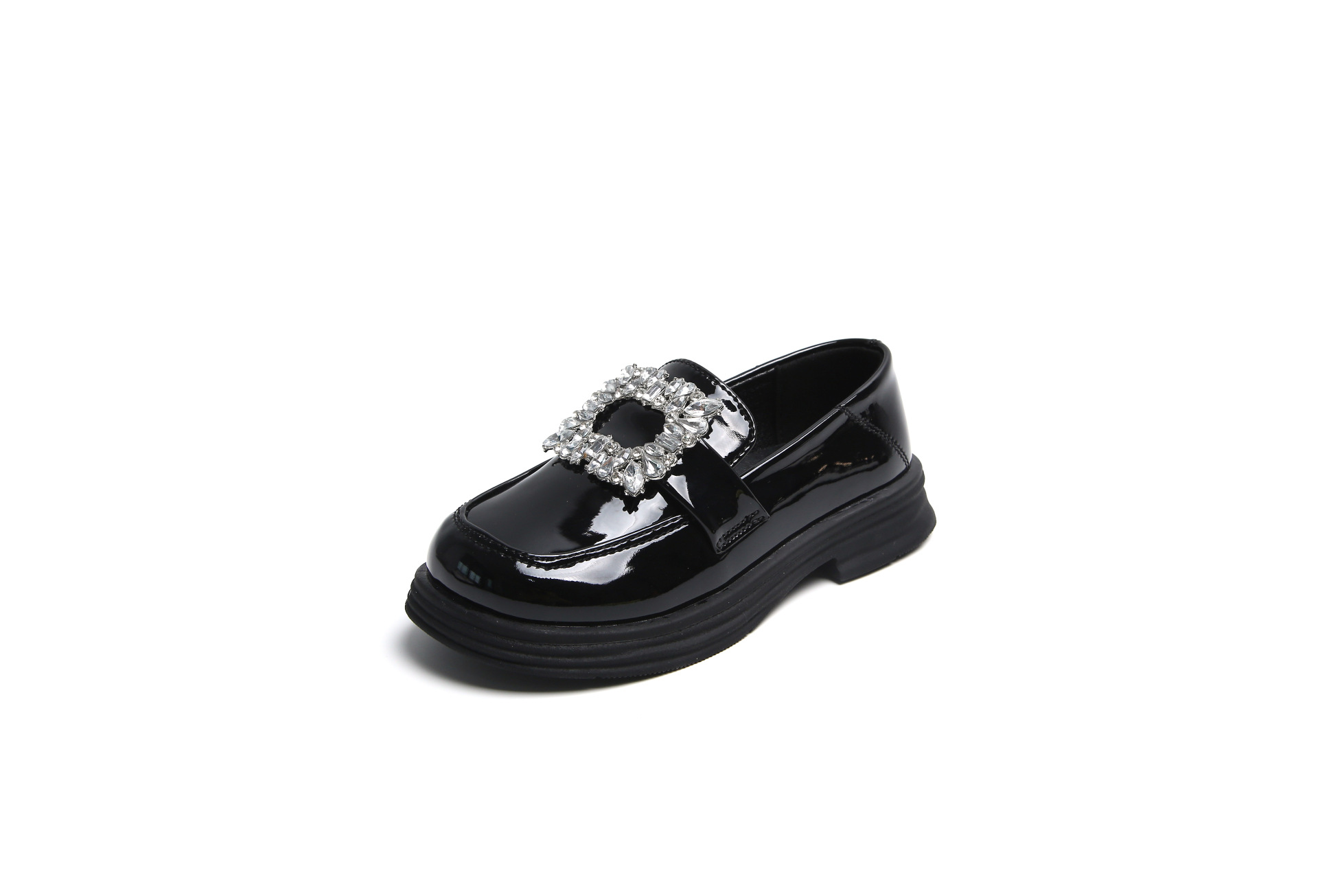 Versione coreana di mocassini con grandi diamanti e fibbia quadrata, scarpe di pelle nera, scarpa singola da ragazza,_voghion.com