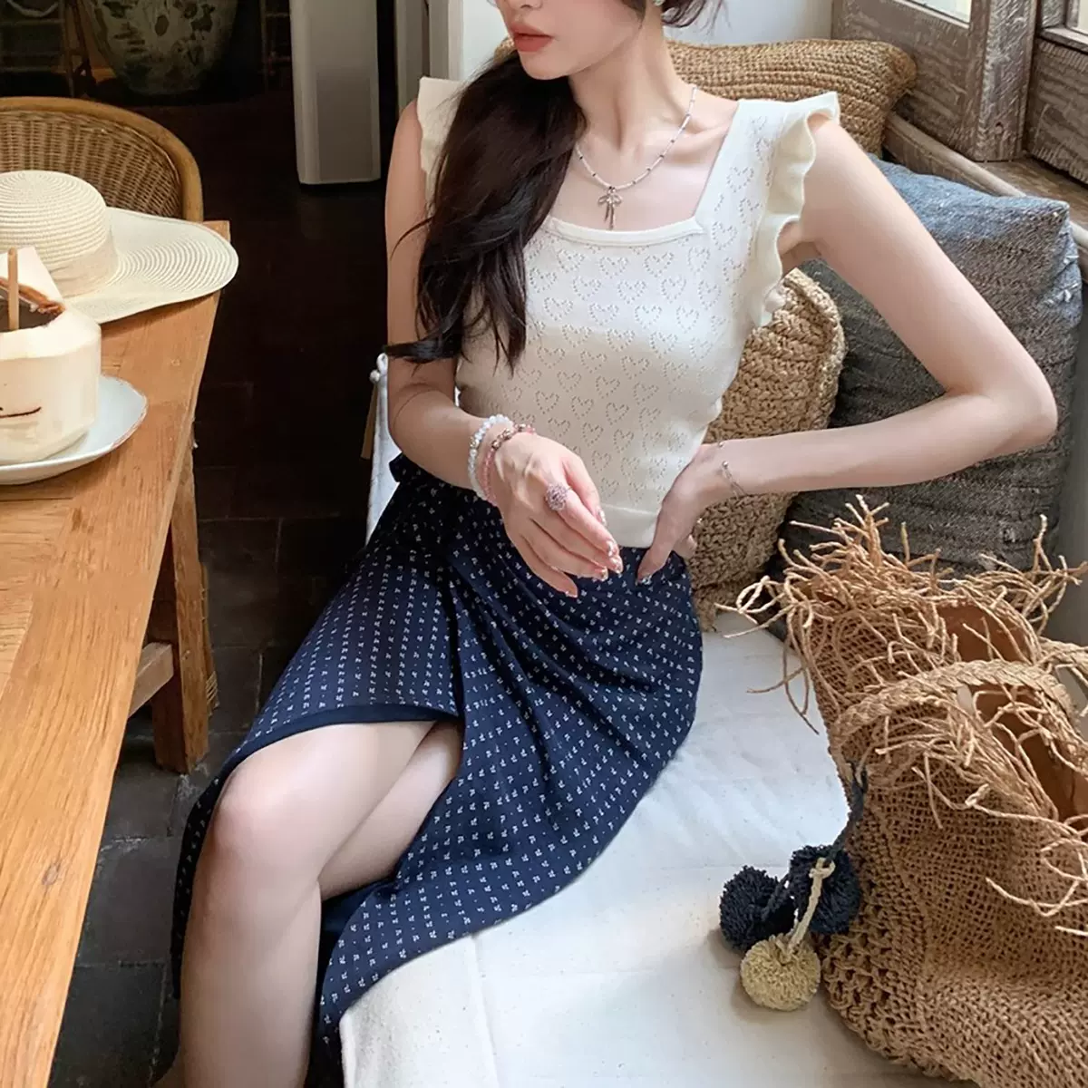 现货【拉裴尔暮歌】无袖羊毛针织背心开叉半裙两件套包臀半身裙女