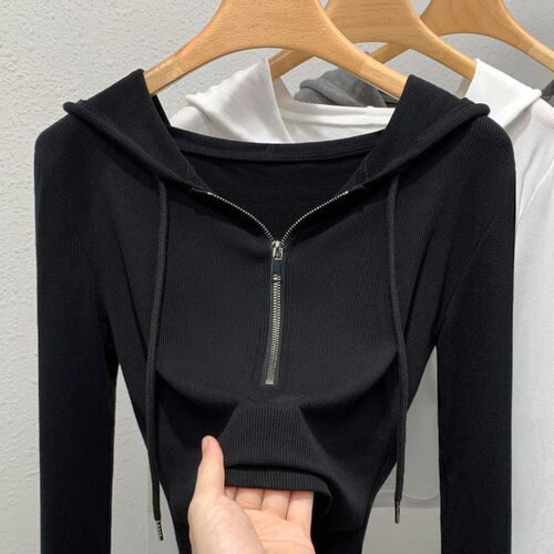 Gray Slim-Fit Hooded T-Shirt for Women, 2024 New Arrival, Bestselling Autumn Ribbed Base Layer Top, Half-Zip Hoodie, Top Piece