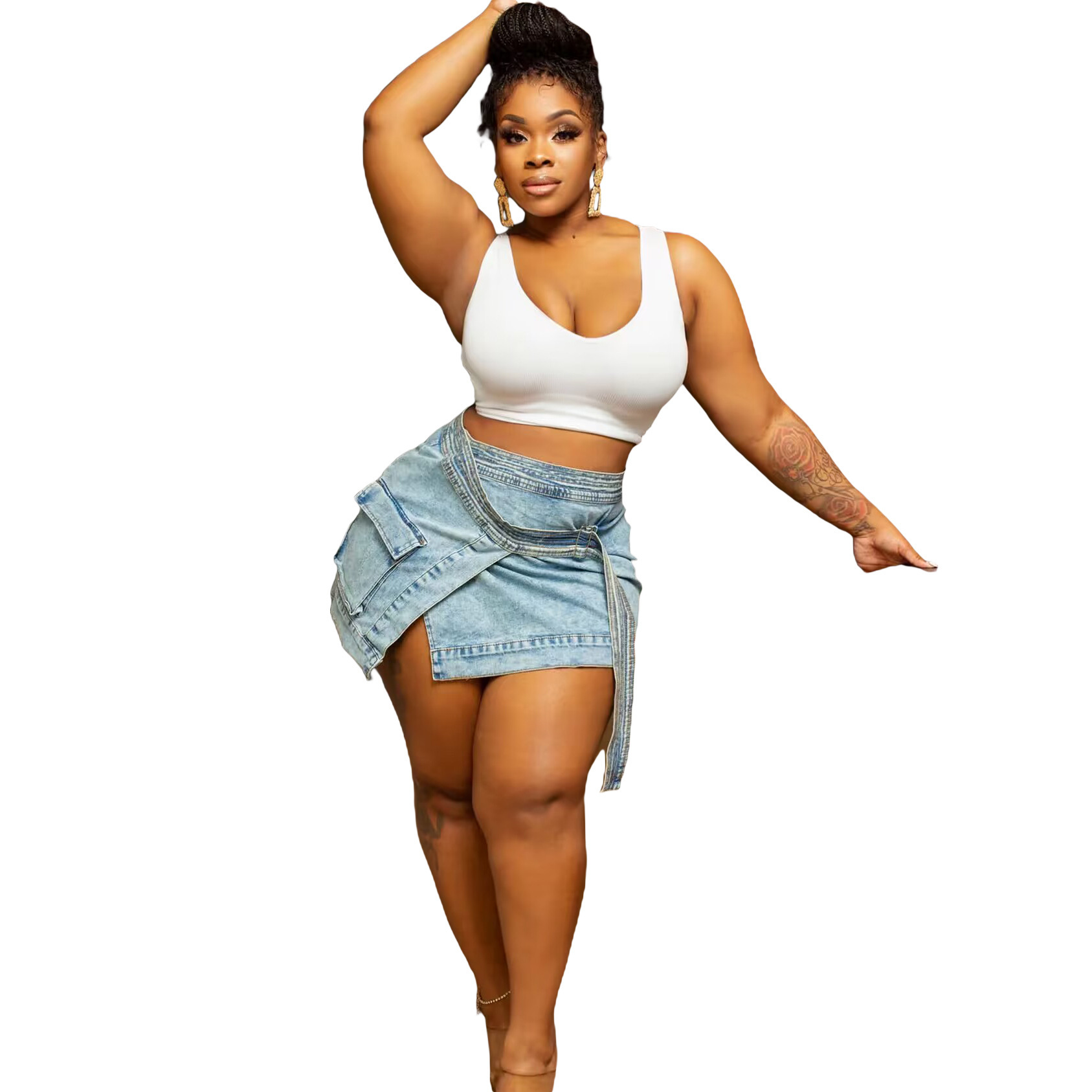 Women's Denim Mini Skirt High Slit Asymmetric With Side Pockets_voghion.com