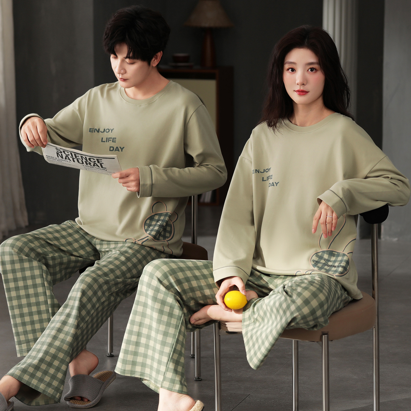 100% Cotton Couple Pajamas Pure Cotton Spring Autumn Winter Long-Sleeved Round Neck Suit Can Be Worn Outside Cotton Men's and Women's Home Clothes