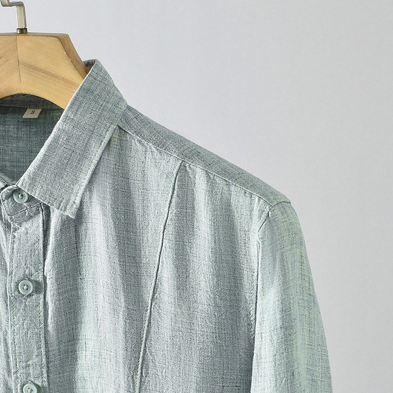 Camisa de Lino de Manga Larga para Hombre, Primavera 2025, Nueva, Holgada, Informal, con Cuello Camisero, Color Sólido, E008