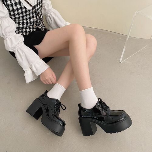 Platform shoes, thick-soled trendy girl shoes with chunky heels, anime-inspired JK uniform style shoes, unique design, Instagram-style fashion.